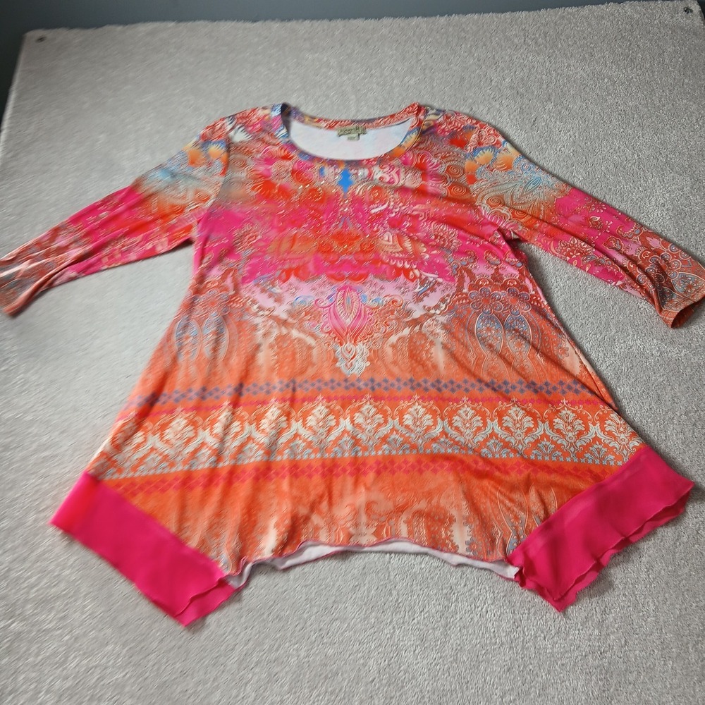 One World Womens Lg Abstract Embellished Coral Org Roses Asym Sweater Tunic Top - Picture 2 of 14